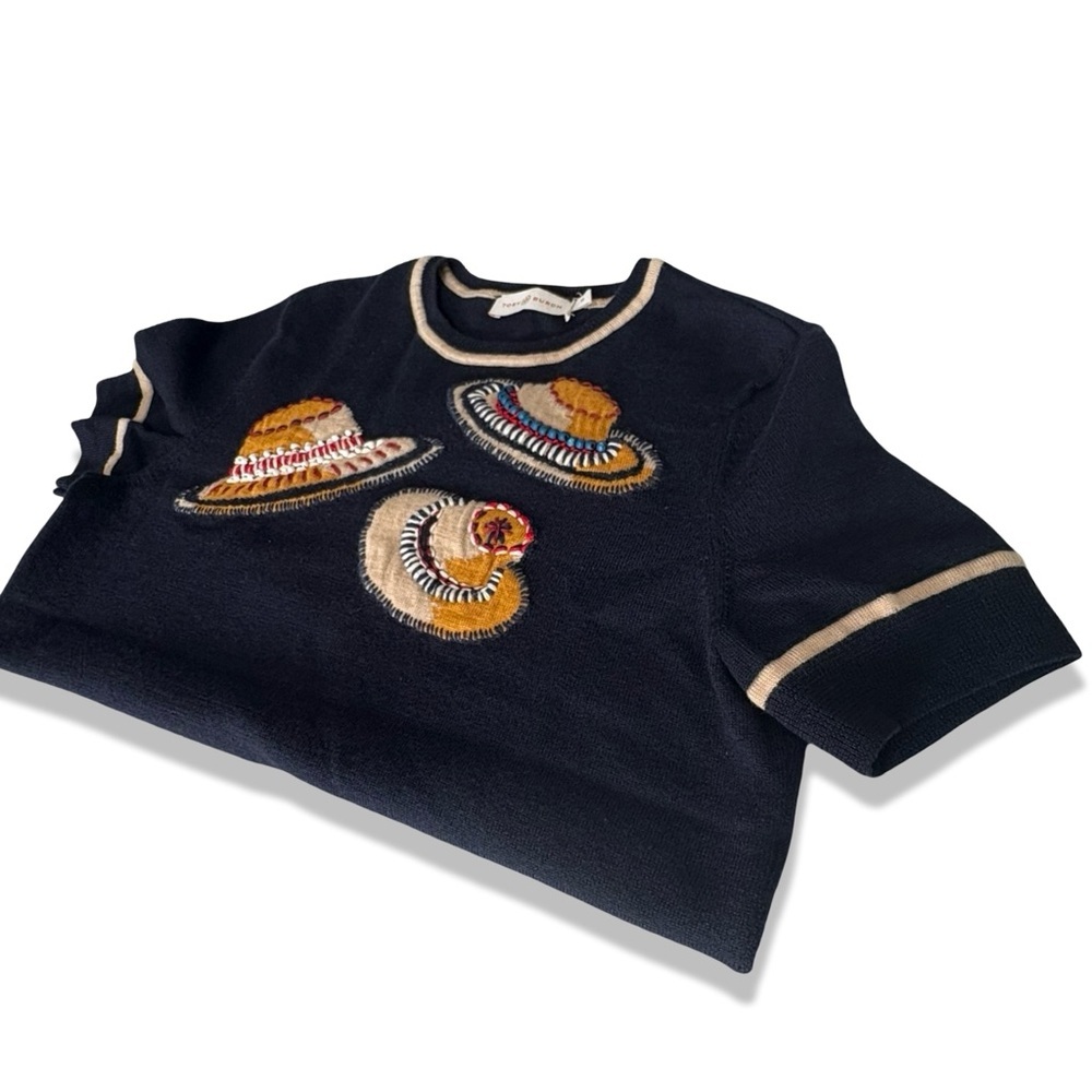 Tory Burch 100% Merino Wool Navy Hand Embroidered Beaded Sunhat Print Sweater M - Picture 7 of 15
